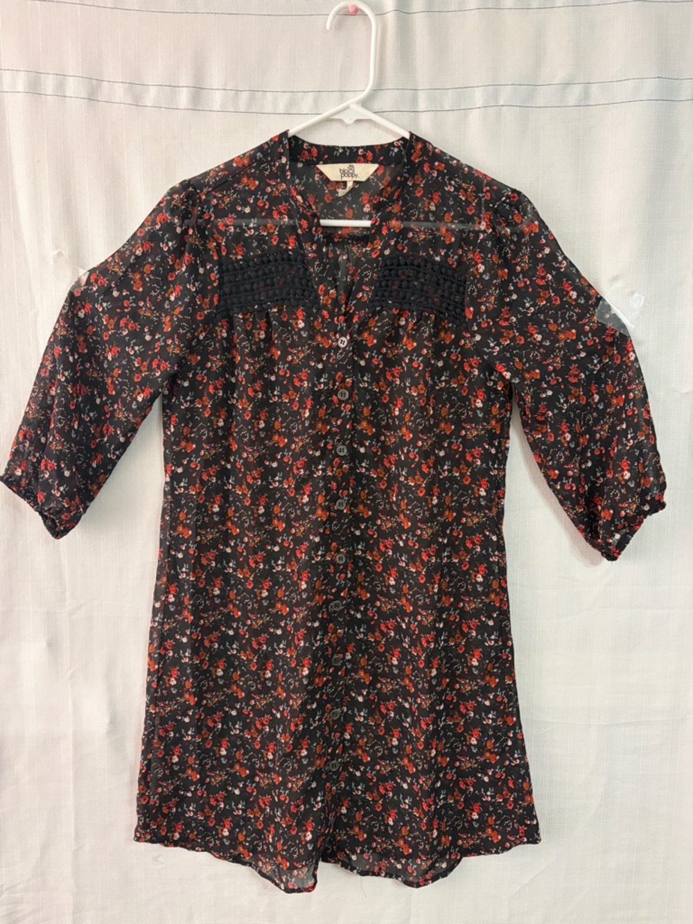 Black Poppy women’s Small Sheer Floral Tunic Blouse Button Front Boho Top(A557)